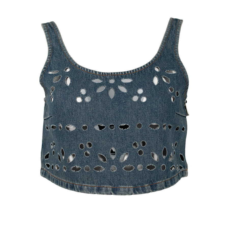 Thora Μπλε Τζιν Διάτρητο Crop Top