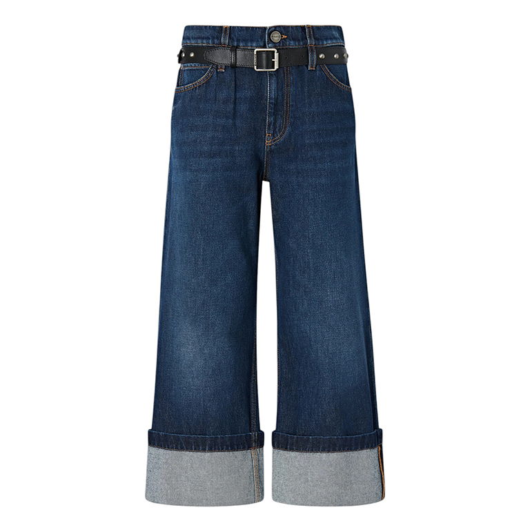 Γυναικείο Παντελόνι Jean cropped με δερμάτινη ζώνη Cyntia Turn Up Μπλε Pinko