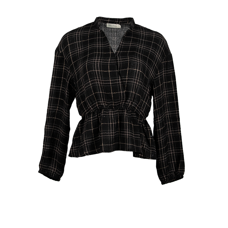 Black Checkered V-Neck Blouse