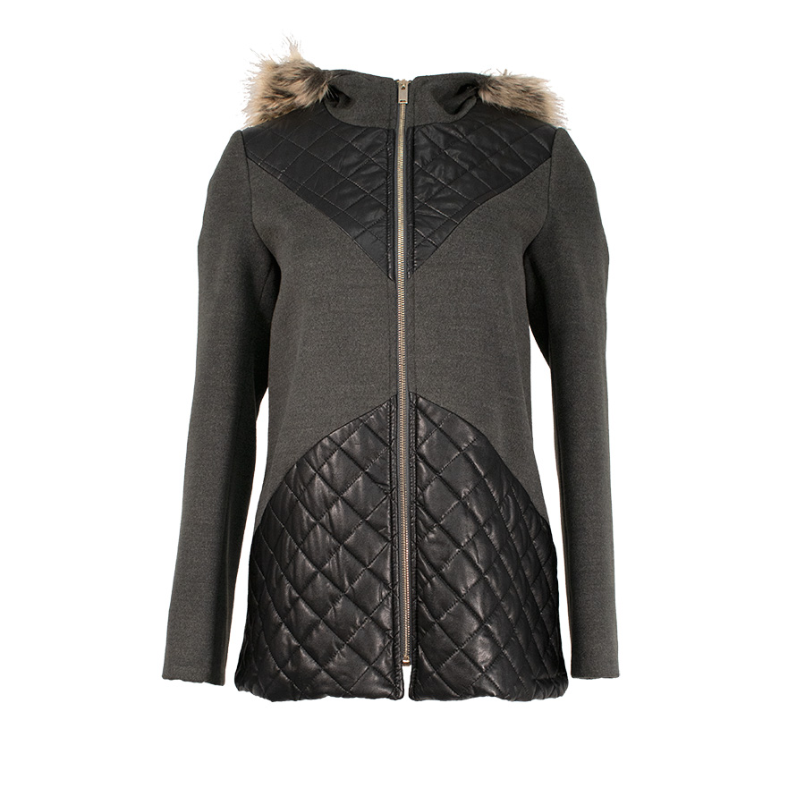 Short Grey Quilted Jacket With Faux-Fur