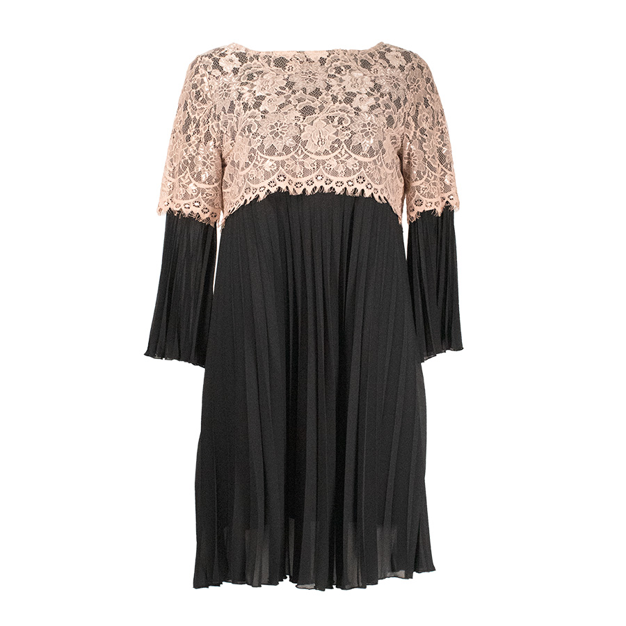 Black Pleated Dress With Beige Lace Top